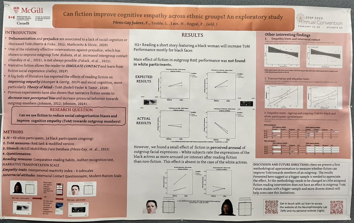 fhernandhah's tweet photo. Poster is up! Come by the #SPSP2023 poster hall, panel #20 to chat about fiction as an intervention to reduce #socialcategorization biases and improve cognitive #empathy towards other social categories. https://t.co/Z68bViBO7T