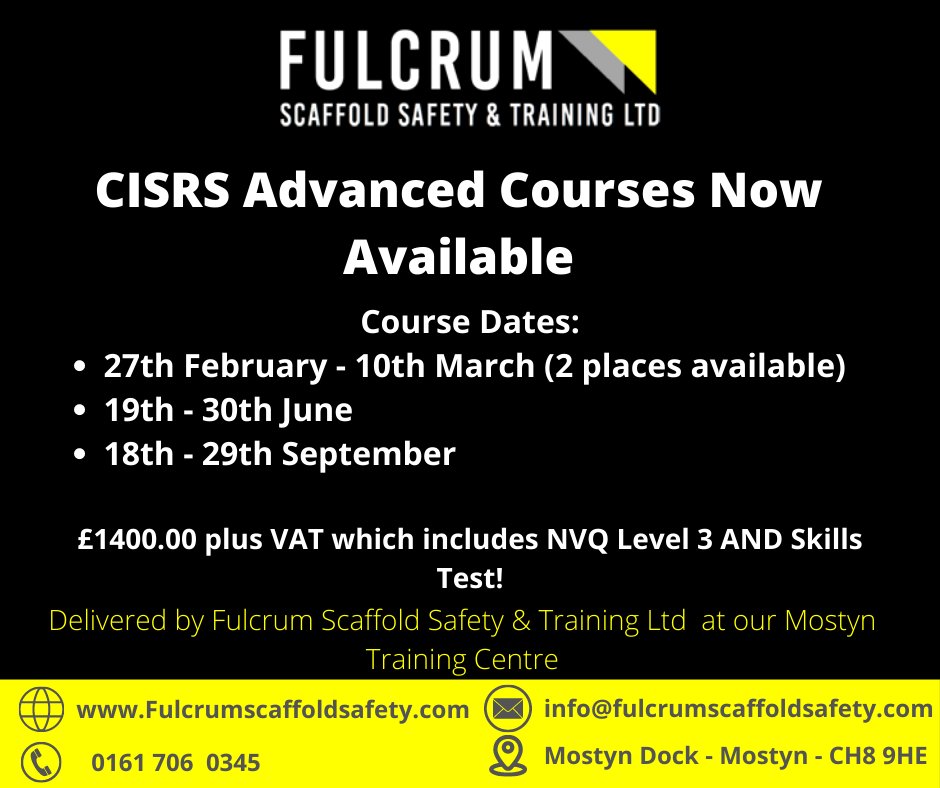 Fulcrum Scaff Safety (@fulcrum_safety) on Twitter photo Following today's successful audit, we are now accredited to deliver CISRS Advanced courses at our Mostyn Training centre.
For more details contact us on 0161 706 0345
Or email Info@fulcrumscaffoldsafety.com #scaffoldingtraining #CISRS #scaffolding Following today's successful audit, we are now accredited to deliver CISRS Advanced courses at our Mostyn Training centre.
For more details contact us on 0161 706 0345
Or email Info@fulcrumscaffoldsafety.com #scaffoldingtraining #CISRS #scaffolding
