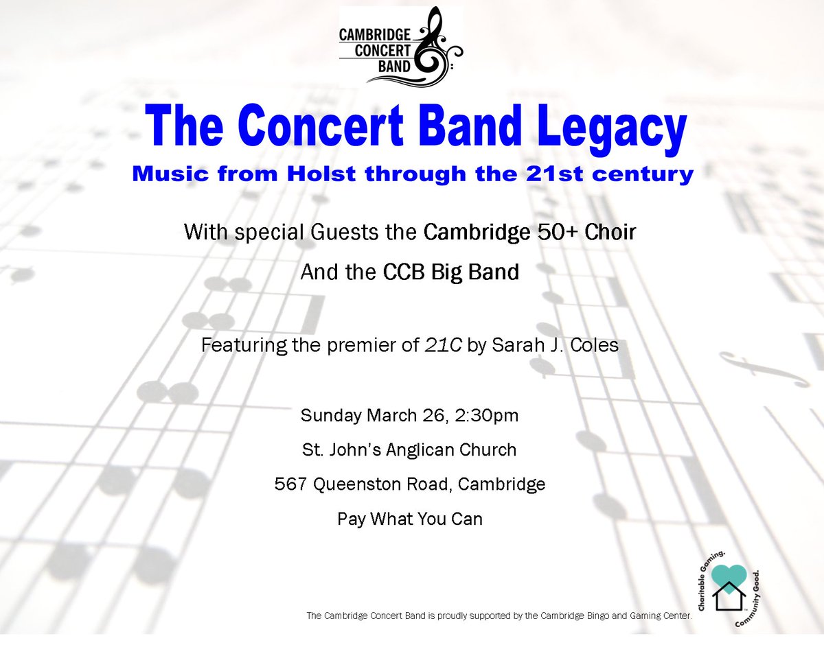 CambConcertBand's tweet photo. Join us at 2.30pm on March 26th. We will be playing a variety of Concert Band Music from the last 100 yrs. Our Big Band will be performing a number of pieces and also our special guests, the Cambridge50+ Choir https://t.co/pNeVc0Ecxx