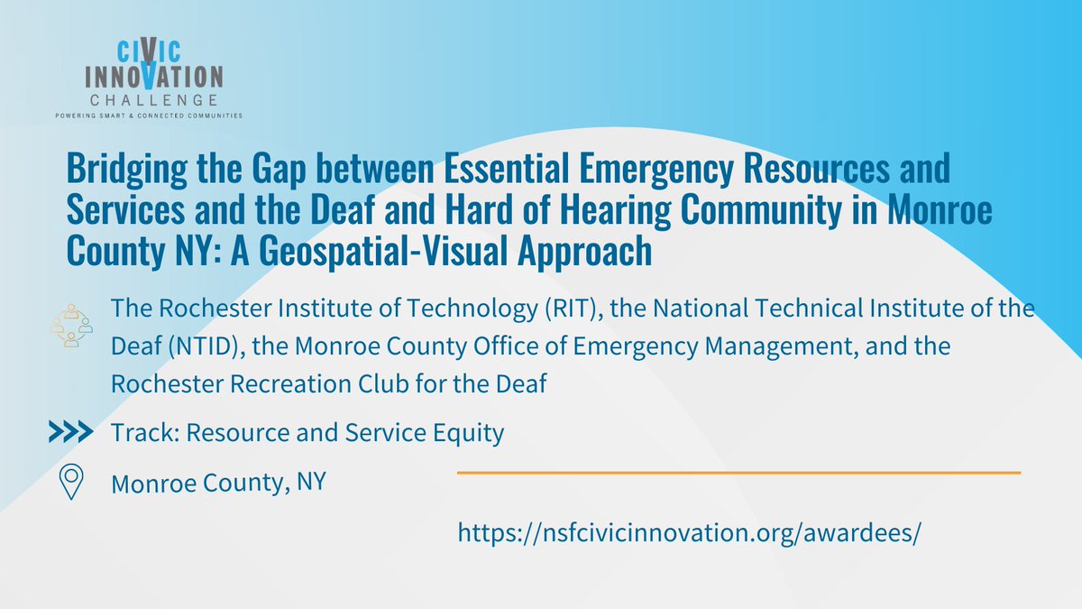 ✨#NSFCIVICStage1 highlight✨
@RITtigers, @RITNTID, @MonroeCountyOEM & the Rochester Rec Club for the Deaf will identify DHH emergency service gaps & identify pathways for the DHH to become part of the emer mgt workforce. #NSFCIVIC #CIVIC2022 #NSFfunded bit.ly/3VR28LP