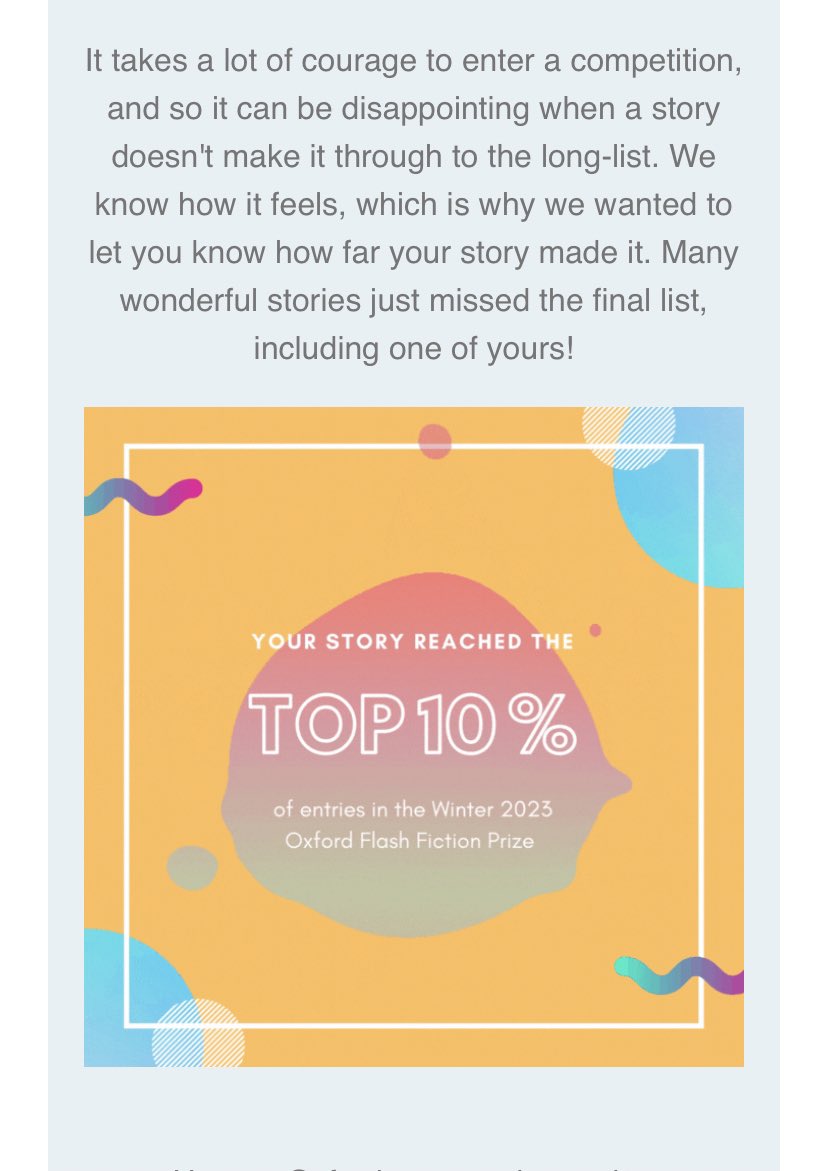 My story made the top 10%… I’m happy with that 😊😊 Best of luck to all the long-listees. Xx #flashfiction <a href="/Oxfordflash/">Oxford Flash Fiction Prize</a>