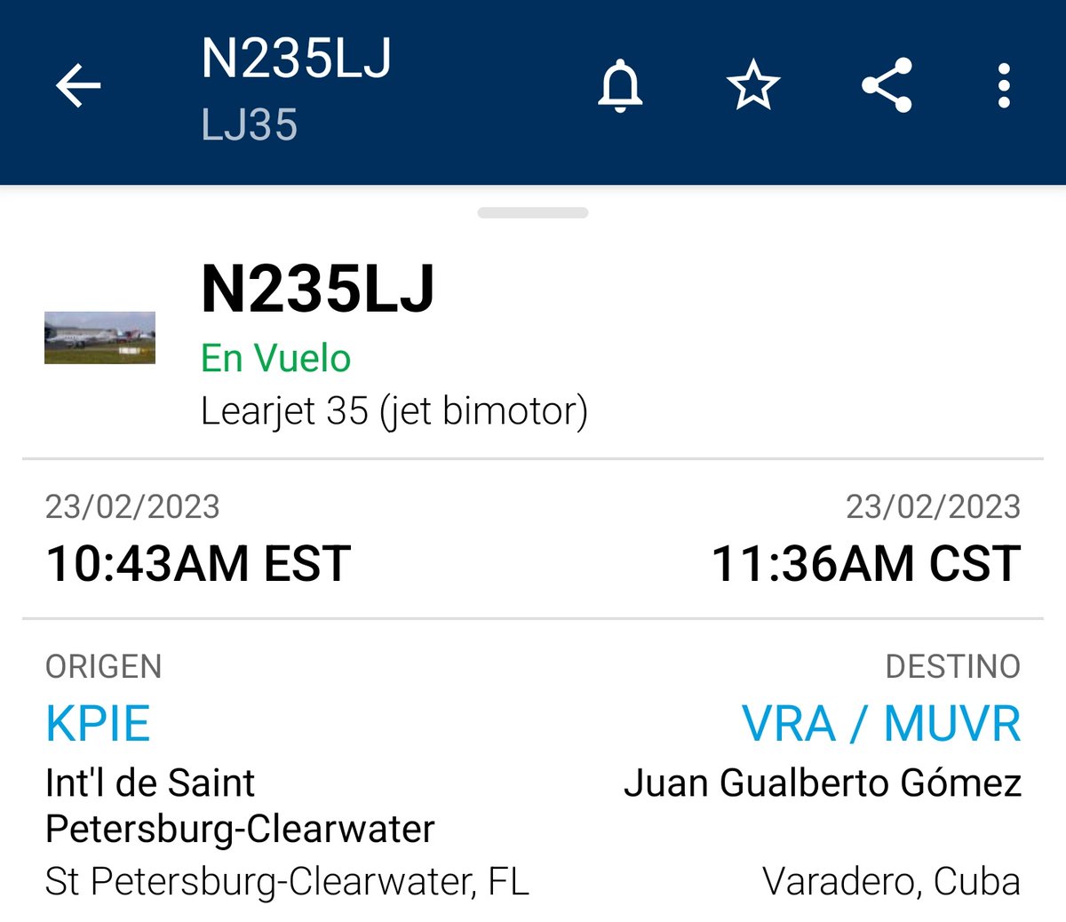 FlightRadarCuba's tweet photo. ✈️ #Learjet35A
®️ #N235LJ 🇺🇲
Owner: #REVAAirAmbulance
📍#SaintPetersburg, #Tampa ➡️ #Varadero, #Cuba
#LJ35 @FlconEYES https://t.co/HEWekKdTPR