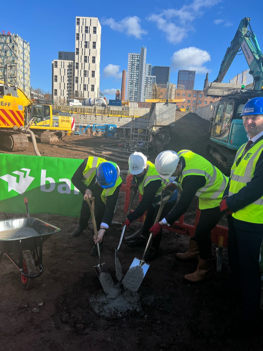 AskRealEst's tweet photo. 🚧 Today was the official start on site for the exciting new GPA Hub opening in 2025 and forming part of our @firststreetmcr masterplan.

We were joined by Minister Quin, funder @PensionCorp, @UKGovPropAgency and @bamukandireland to put the spade in the ground! https://t.co/EkOwVWAREw