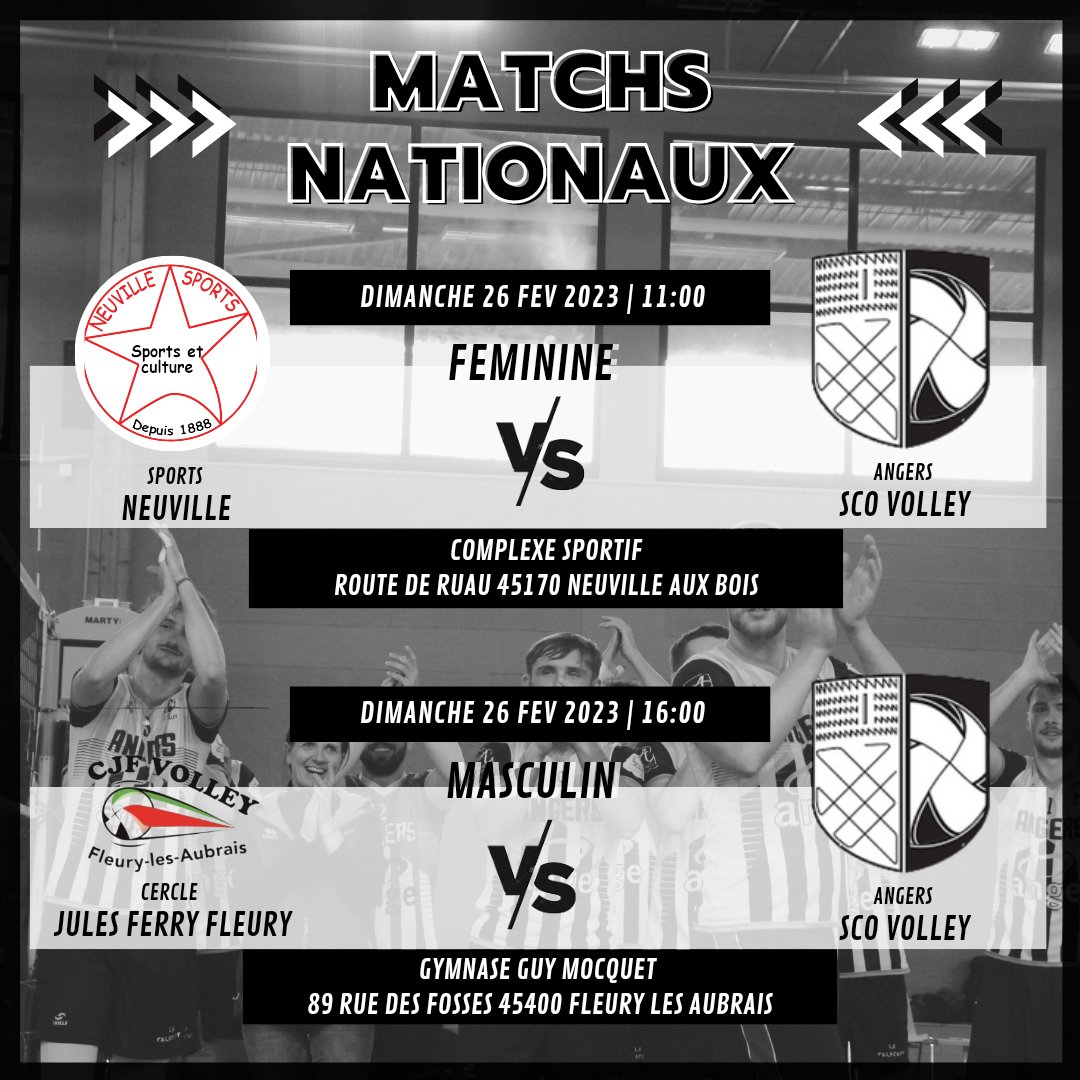 🏐 MATCHS 🏐 Ce weekend nos équipes nationales, qui sont les seules à jouer, se déplacent à l'extérieur 💥 On espère une victoire pour nos deux équipes ! 💪 ALLEZ LE SCO ! 🤍🖤