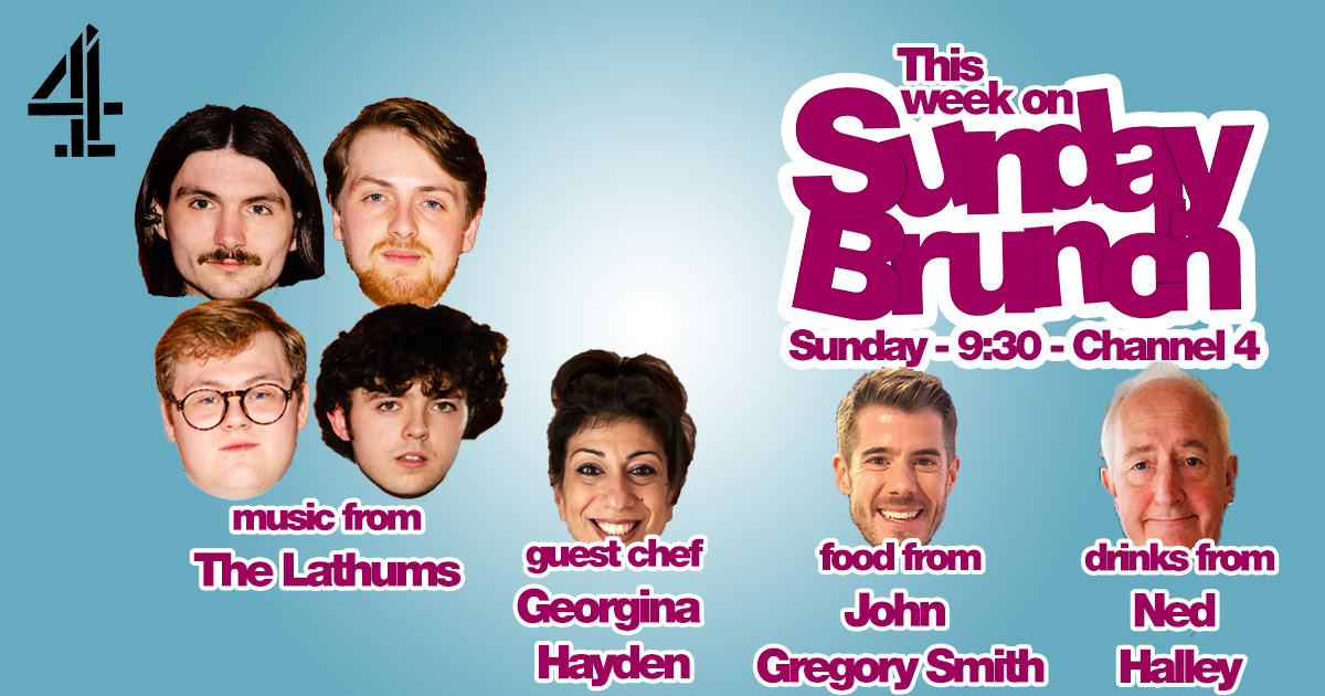 SundayBrunchC4's tweet photo. On this weeks #SundayBrunch we have guests #JamieDemetriou, @jlsofficial, @1judilove,
@nomadicrevery🤩 Guest chef #GeorginaHayden 👩🍳 Food from #JohnGregorySmith 🍝 Drinks from #NedHalley 🍷 Plus music from @thelathums 🎵 Join us Sunday at 9:30am on @Channel4 https://t.co/Vf10ZYUwK4