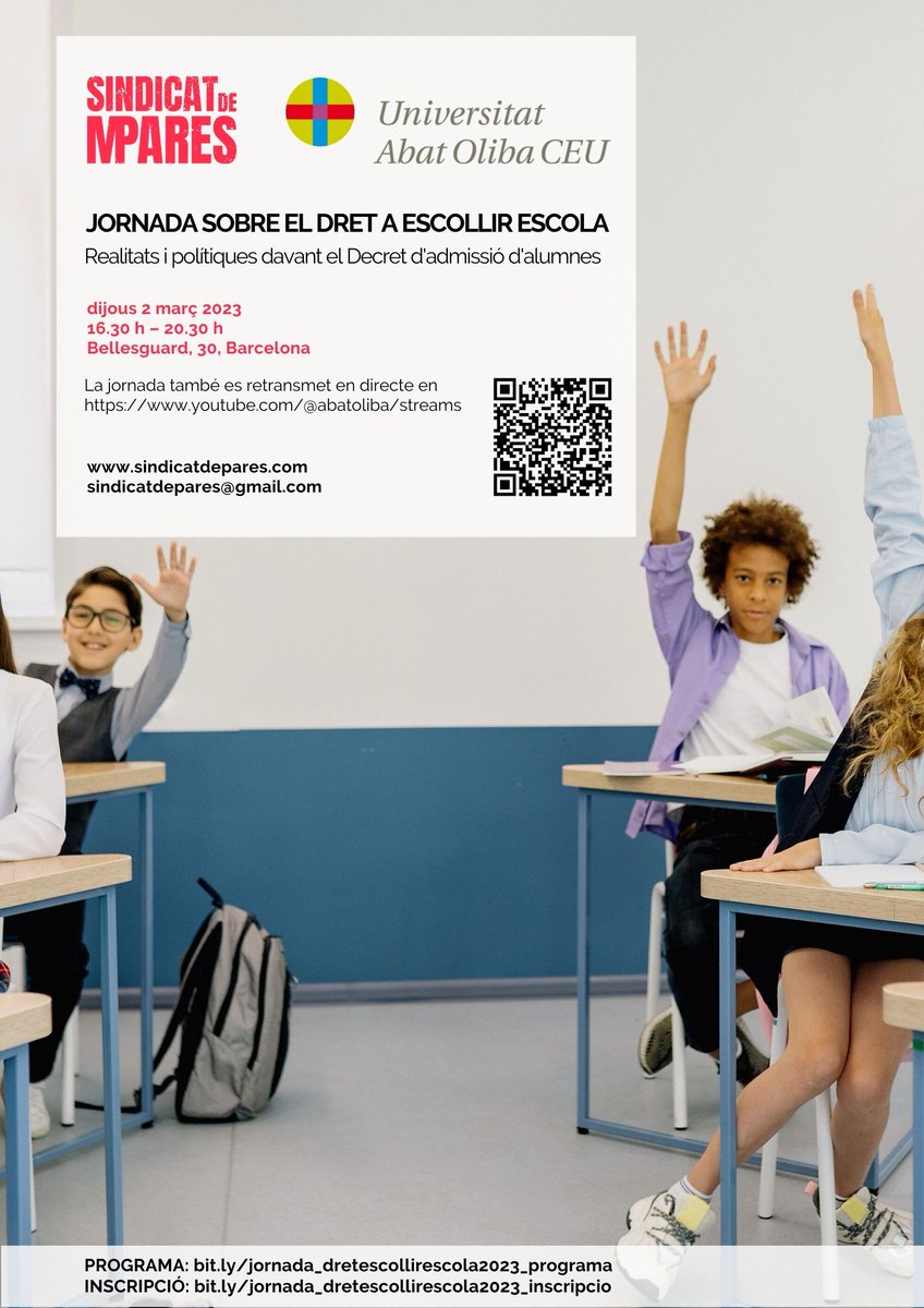 🚀Próxima Jornada sobre el dret a escollir escola "Realitats i polítiques davant el Decret d'admissió d'alumnes" 📆el 2 de març a les 16.30 h a <a href="/UAOCEU/">CEU UAO</a>
Bellesguard 30 #NoJuguemAmbLEducació  
bit.ly/jornada_dretes…
<a href="/_Confederacio/">Confederació Cent. Autònoms Ensenyament Catalunya</a> <a href="/laconcertada/">Escola Concertada</a> <a href="/agrescatAEC/">Agrescat</a> <a href="/MesPlurals/">Més Plurals🧡</a> <a href="/elsmatins/">Els matins TV3</a>