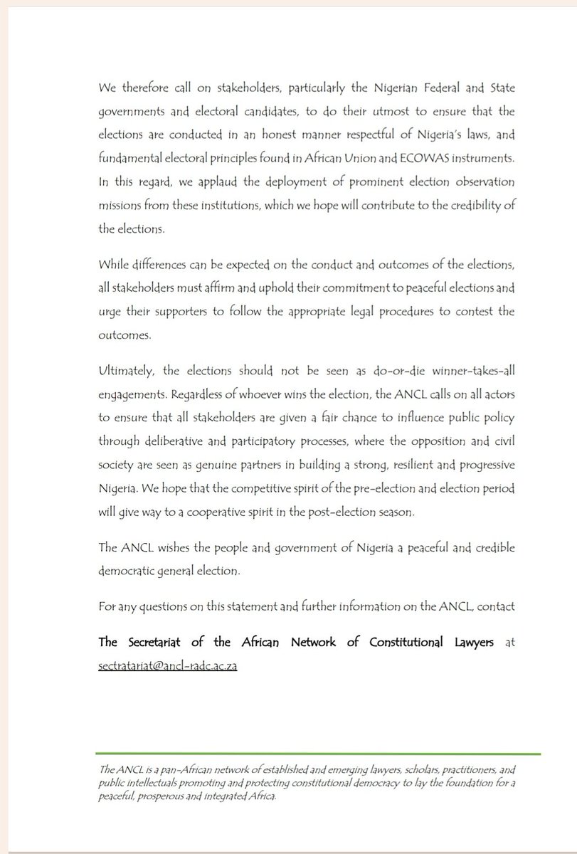 The African Network of Constitutional Lawyers, calls for fair, credible and peaceful elections in Nigeria <a href="/iacl_aidc/">IACL-AIDC</a> <a href="/ChrisFomunyoh/">Dr. Christopher Fomunyoh</a>  <a href="/Int_IDEA/">International IDEA</a> <a href="/amnesty/">Amnesty International</a> <a href="/NDI/">National Democratic Institute</a> <a href="/ecowas_cedeao/">Ecowas - Cedeao</a> <a href="/KAS_LawAfrica/">KAS Rule of Law Program for Sub-Saharan Africa</a> <a href="/_AfricanUnion/">African Union</a> <a href="/TournonsLaPage/">Tournons La Page</a> <a href="/CNN/">CNN</a> <a href="/NigeriaGov/">Government of Nigeria</a> <a href="/NigeriainfoFM/">Nigeria Info FM 99.3</a>