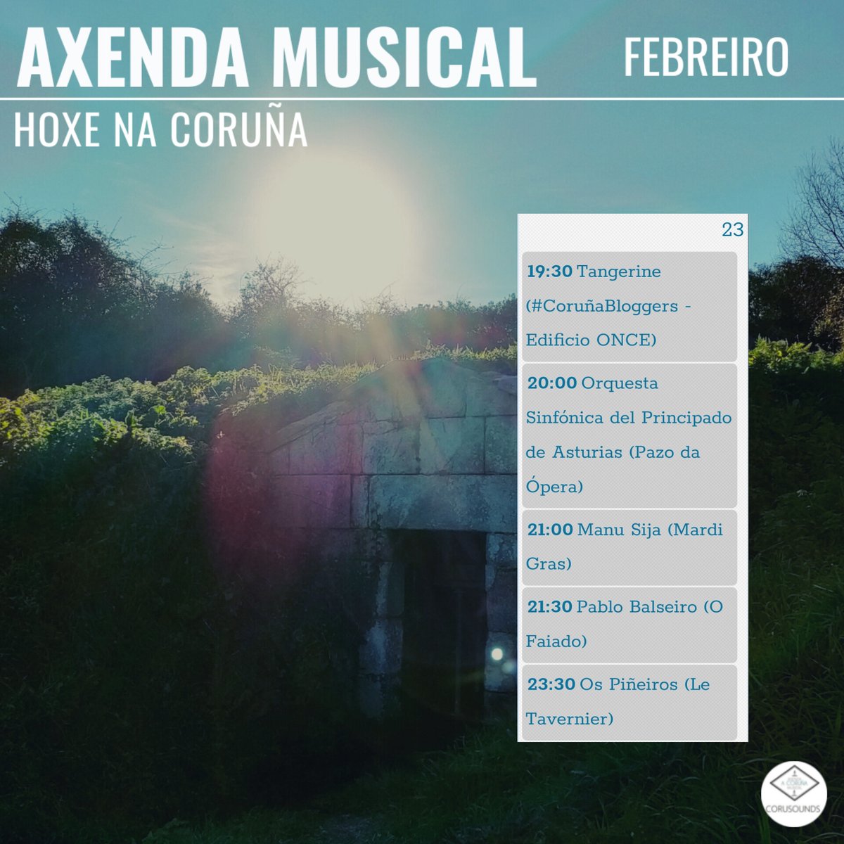 Hoxe na Coruña... 
.
.
.
Podes ver todos os concertos programados este ano en: corusounds.emiweb.es/agenda
#ACoruña #Coruña #AxendaMusical #AgendaMusical #Musica #Concertos #Concertos #Cultura #culturaparatodos #CulturaSegura