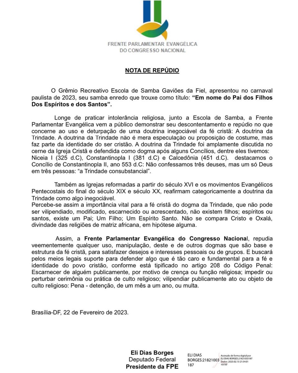 eixopolitico's tweet photo. 🇧🇷 Em nota, Frente Parlamentar Evangélica critica o desfile da Gaviões da Fiel, que teve o enredo “Em nome do Pai dos Filhos, dos Espíritos e dos Santos”.

“Não existem filhos, espíritos ou santos, existe um Pai, um Filho e um Espírito Santo”, disse. https://t.co/yvOK8LpVia