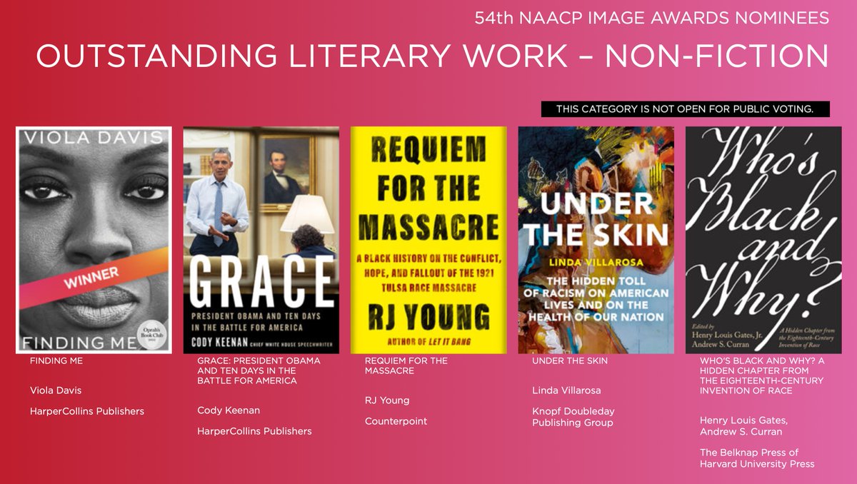 It was a true surprise and serious honor to learn that GRACE was nominated for a <a href="/naacpimageaward/">NAACP Image Awards®</a>, especially in the company of these authors. Not at all surprising was getting my ass handed to me by the incomparable <a href="/violadavis/">Viola Davis</a> 🏆