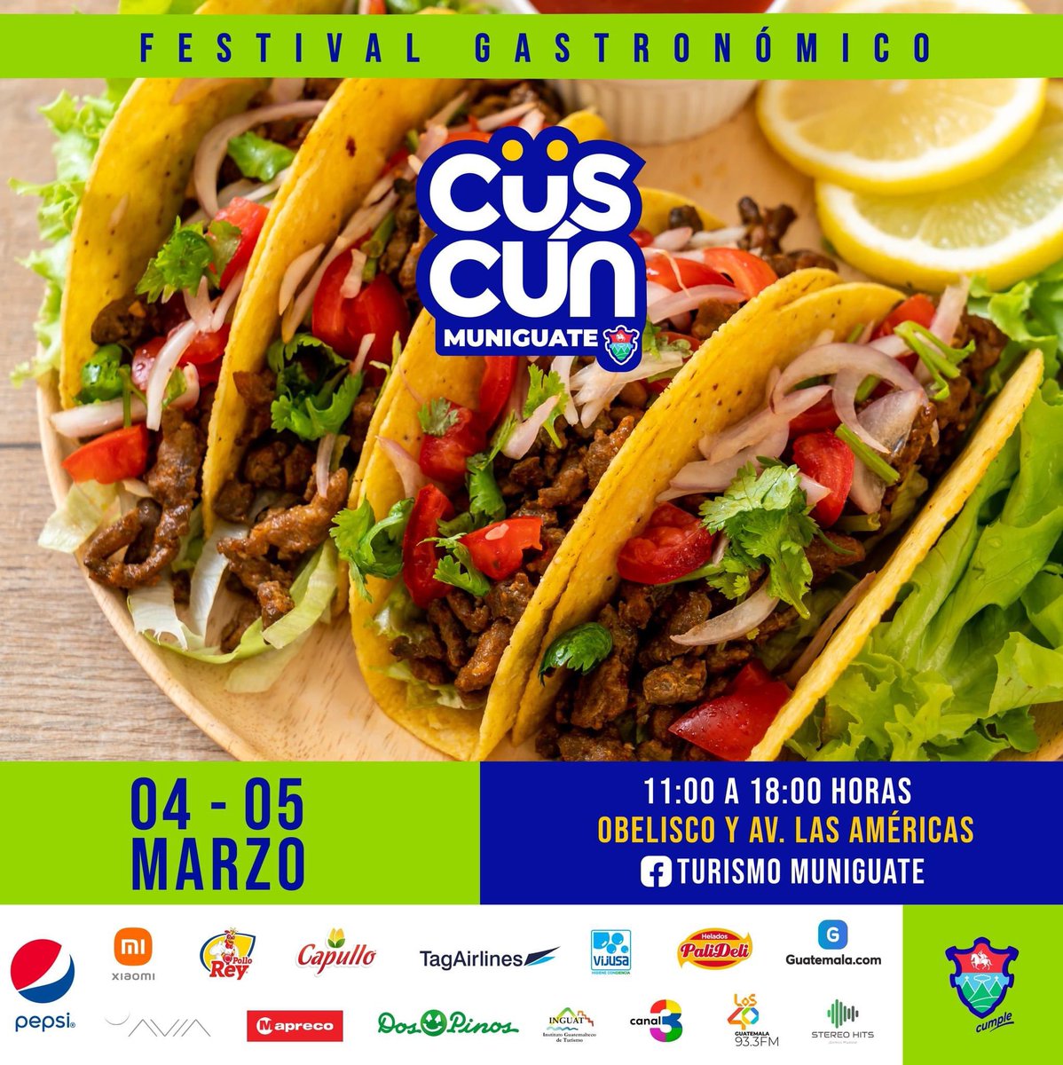 Festival Gastronómico #CusCún 🌮🥙🍔

⏰ El 4 y 5 de marzo de 11 a 18 hrs
📍En #PlazaElObelisco y la avenida #LasAmericas

😱 ¿Te lo vas a perder? 

#FestivalGastrónomico #CusCúnMuniGuate #MuniGuate #Turibus  #LaCiudadEsTuCasa #Comidagt