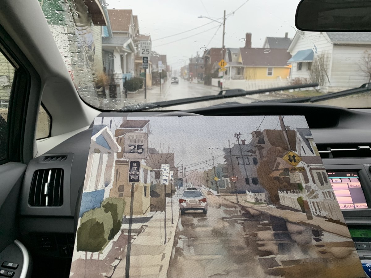 JeffSuntala's tweet photo. When setting up the #carstudio all I considered was snow painting. With no snow this winter it dawned on me RAIN! Otherwise impossible watercolor plein air subject matter. Defroster acts as dehumidifier for paint to dry as well. This is W 69th St north of Detroit Ave yesterday. https://t.co/1fnXa8AqsA