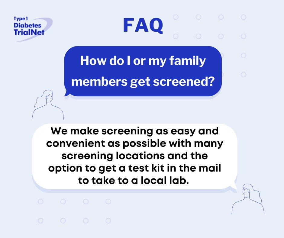 Important questions and answers you should know!​

Screening is quick, free, convenient and important for relatives of people who have T1D. 

If you have a family member with T1D, sign up for free screening at trialnet.org/participate!