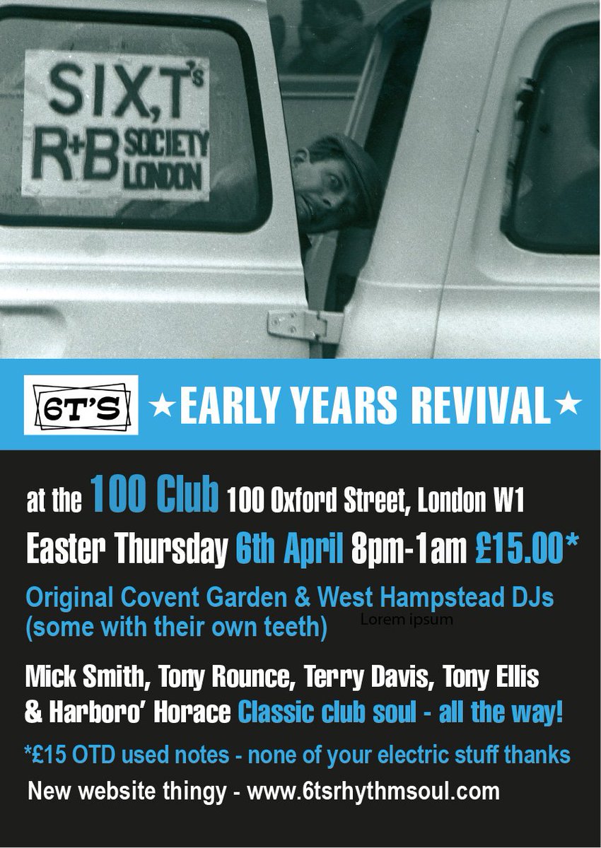 Relive those first soul nights, when 6TS started and Club Soul was king. Heavily influenced by the original mod soul sounds from 63-66, the first 6TS DJs paid homage and expanded the music of that time; inspired and encouraged by Randy Cozens enjoying it the second time around.