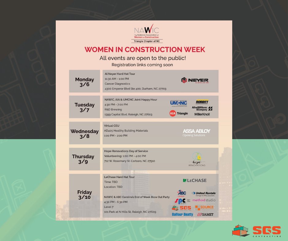 SGS is a proud sponsor of Women in Construction week March 6-10,  hosted by NAWIC Triangle Chapter.  
Looking forward to seeing everyone at the end of week blow out party Friday, March, 10th.  #WICWeek2023 #WICWeek #trianglenc #Build919