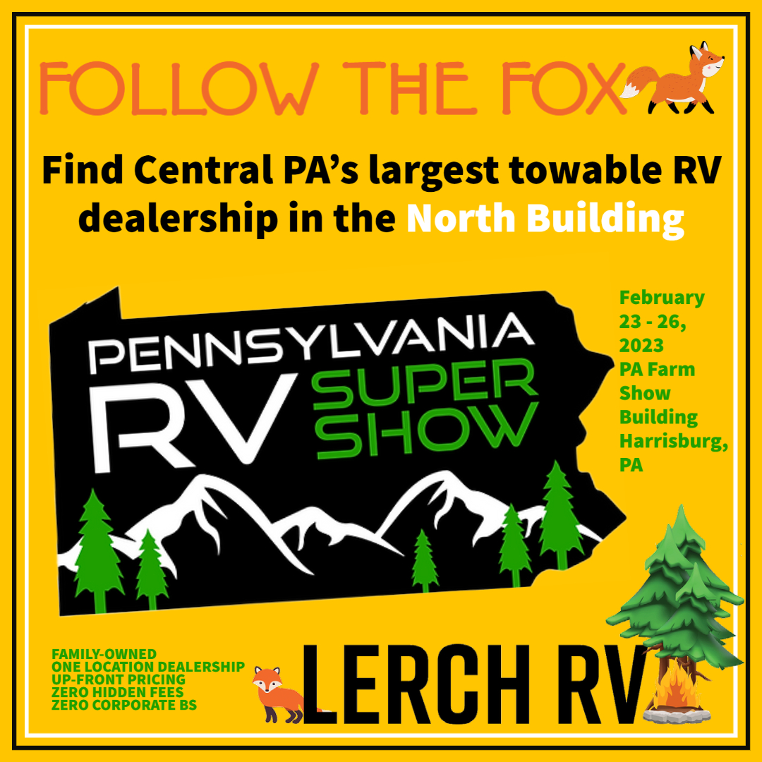 Beginning today, find Lerch RV in the North Building at the PA Farm Show Complex for our biggest indoor RV display in 44 years! Follow the fox to great RV savings!  #rvsales #centralPA #weare #followthfox #camping #parvsupershow #FantasticFebruary #PAFarmShow