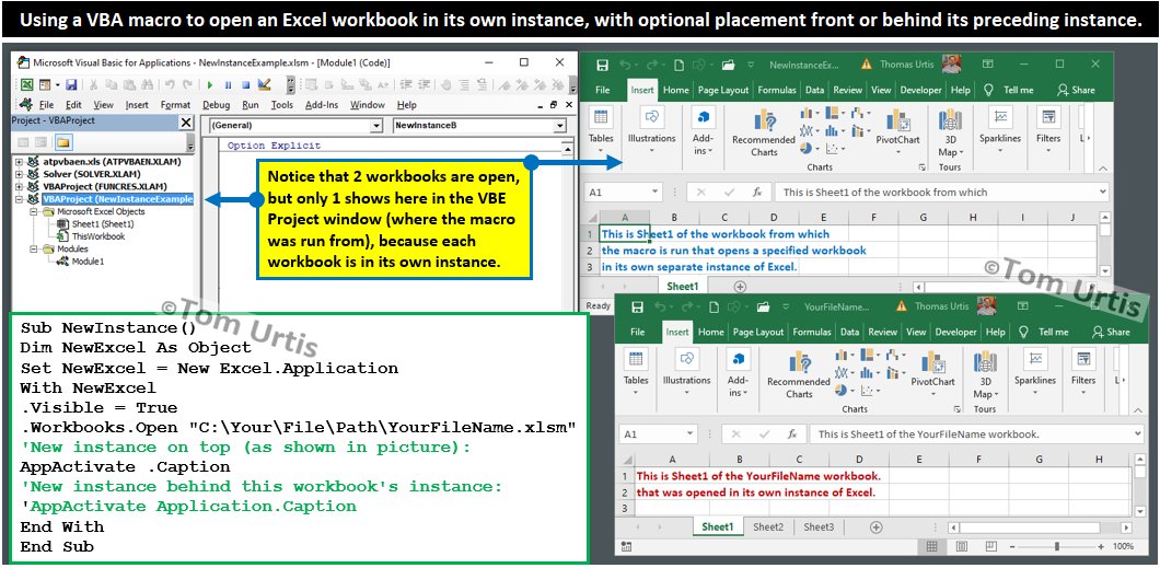 TomUrtis's tweet image. Using a VBA macro to open an Excel workbook in its own instance, with optional placement front or behind its preceding instance #TomsTips4Excel