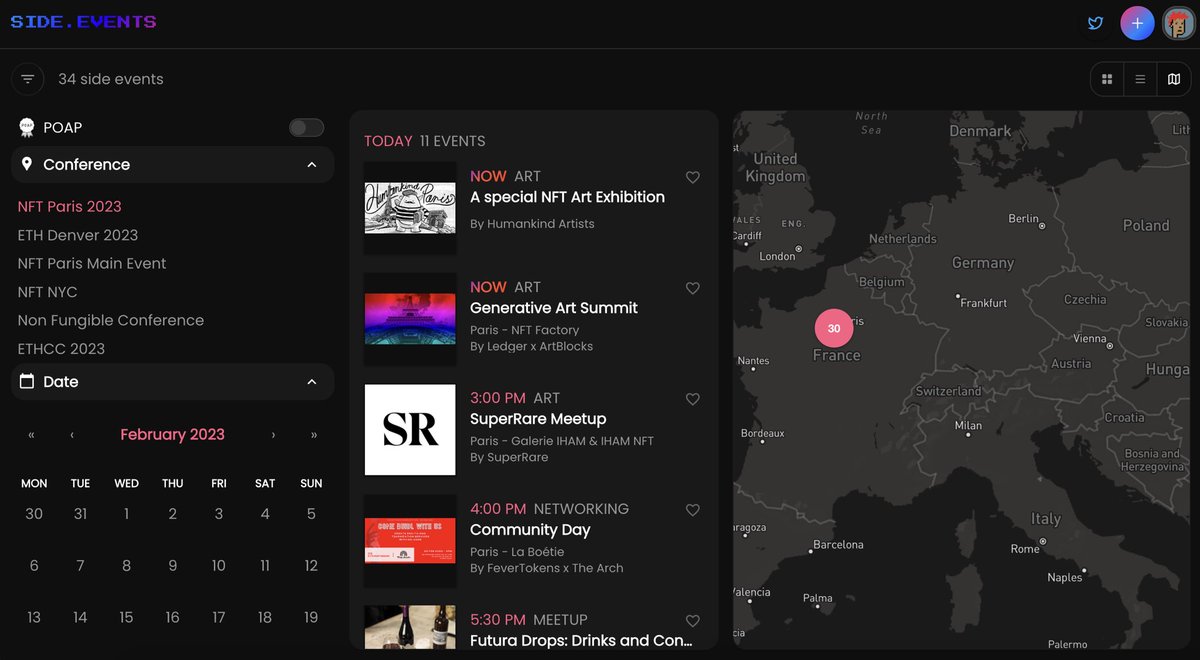 side_events's tweet photo. Tadaaa. 🐇🎩 Our webapp just had a complete makeover. 💅

Seamlessly switch from list to map views, filter by conference &amp; location, look for @poapxyz tokens around you, and more. 

Give it a try now on https://t.co/vOuHd538Df and let us know in the comments if you like it! 😘 https://t.co/u0SH7Jot7t