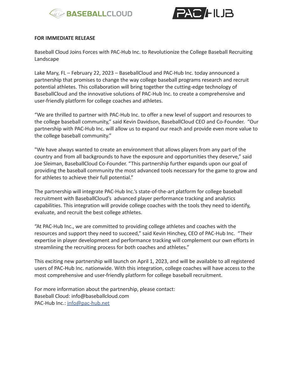 PacHub_'s tweet image. Announcing our new partnership with @BaseballCloudUS to deliver all your data needs! Read all about it in our press release! #transferportal #collegebaseball #collegesports #PACHub #Baseballcloud