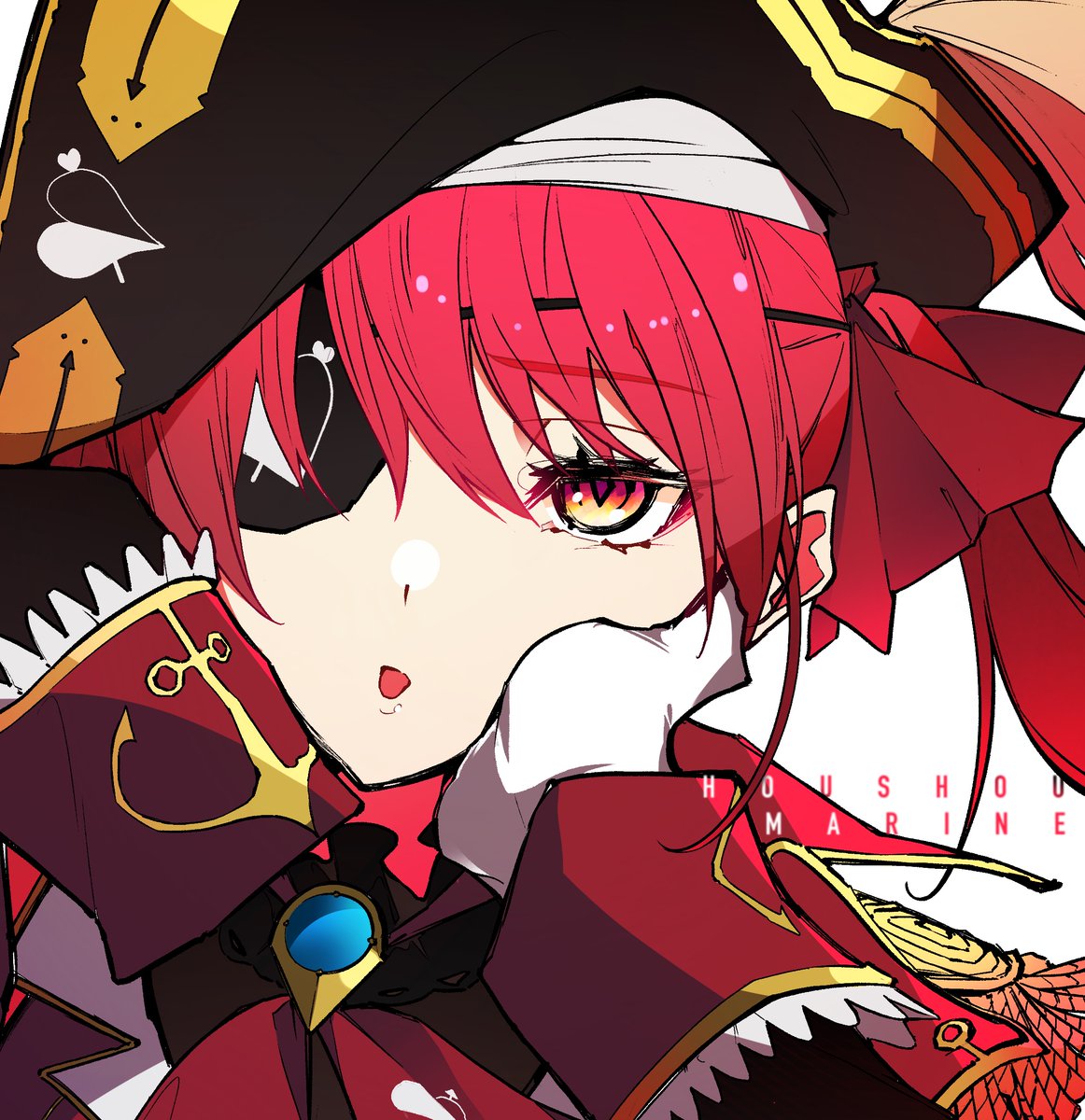 houshou marine 1girl solo eyepatch red hair gloves hat twintails  illustration images