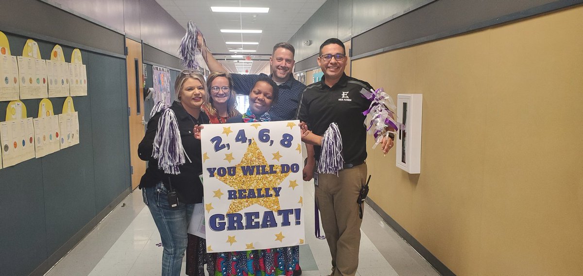 Admin team cheering on students before TELPAS Testing. Way to go