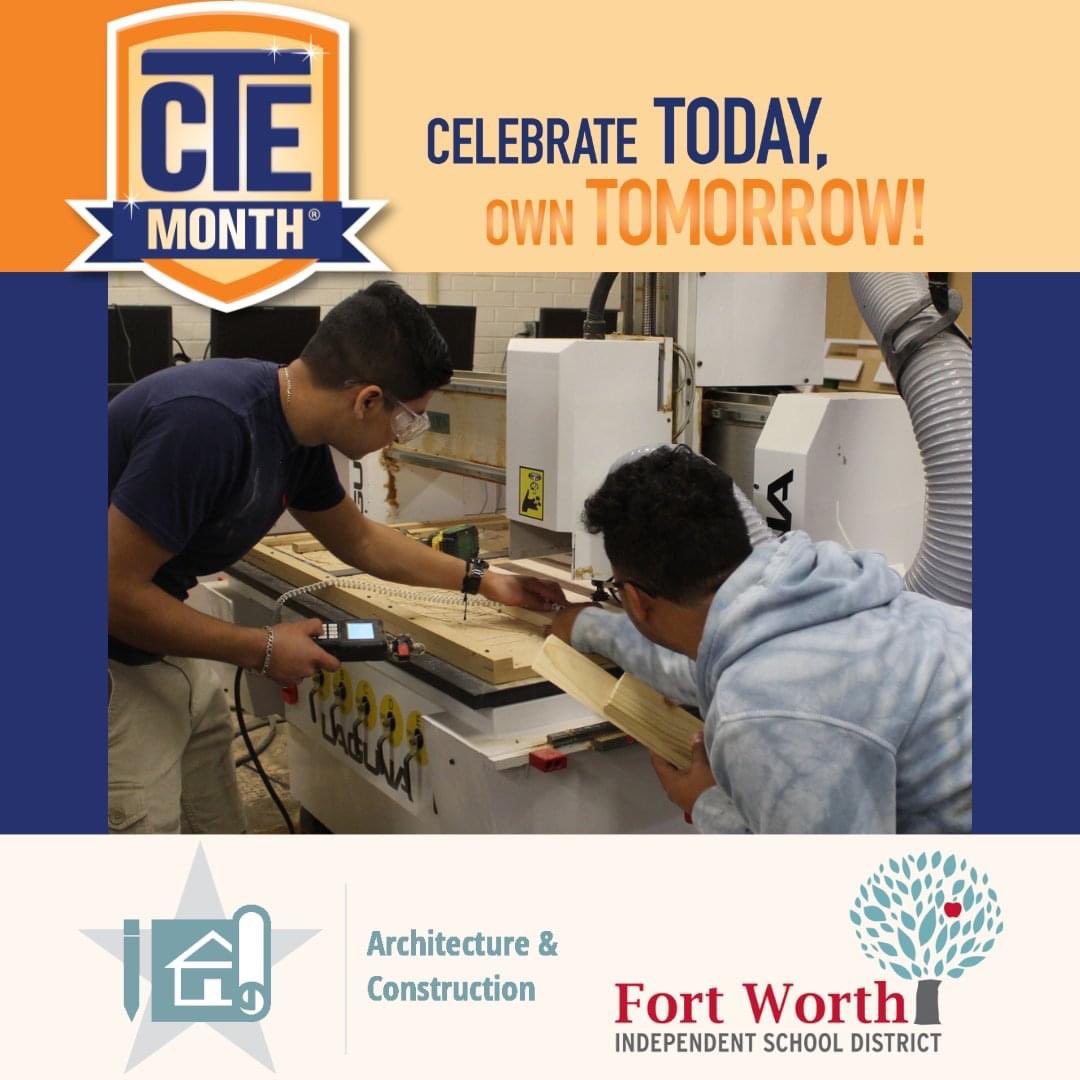 The <a href="/fortworthisd/">Fort Worth Independent School District</a> Architecture and Construction pathway also includes programs of study in electrical technology and mill and cabinet making. Students are eligible to earn carpentry, construction technology and Autodesk certifications.
#ctemonth
#cteworks
#gspoc