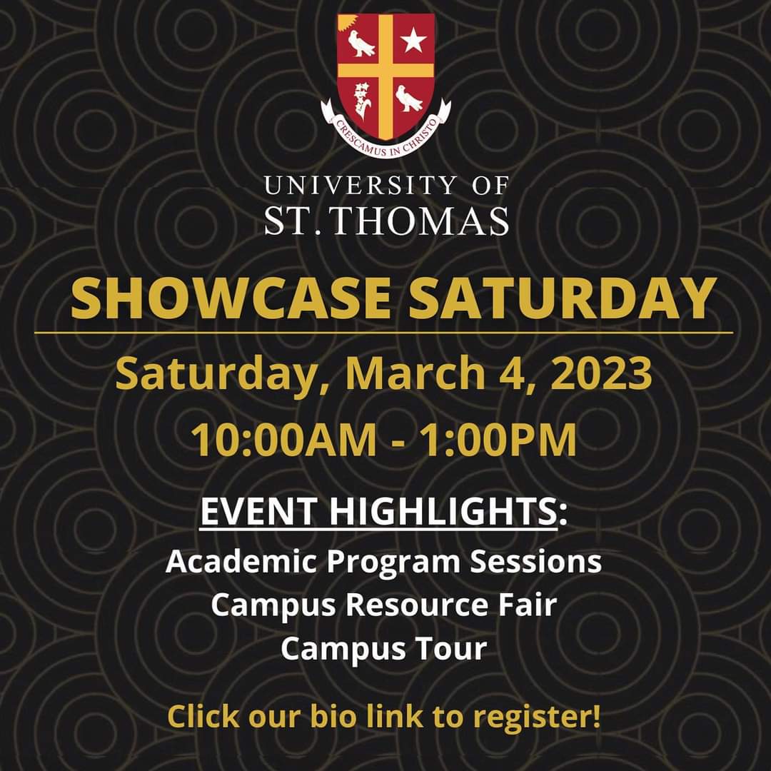 stthomashouston's tweet image. #FutureCelts Showcase Saturday is next week! We are excited to highlight our campus, community and what it means to be a #USTCelt.

myust.stthom.edu/register/Showc…

#USTHouston #HoUSTon #Freshman #Transfer #Transfer2UST