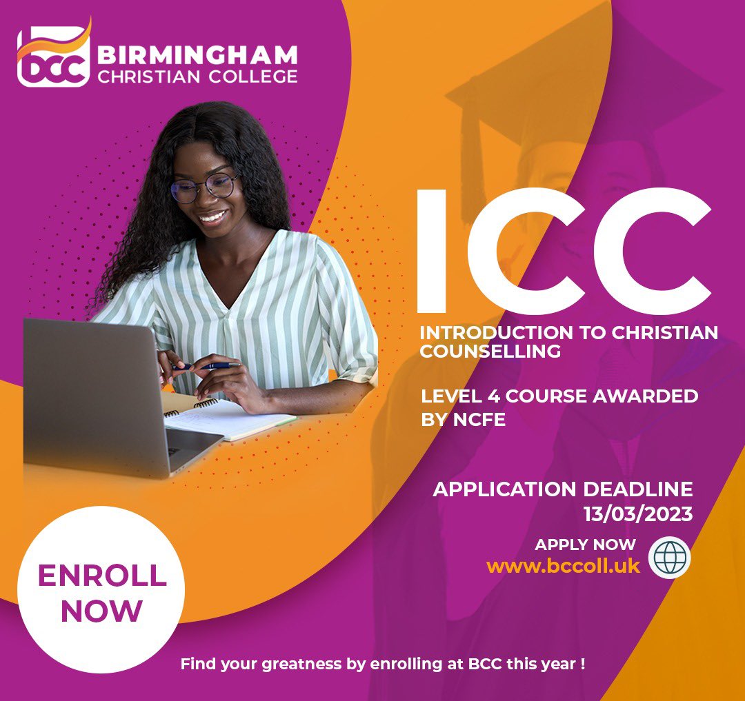 Birmingham Christian College (@bghamccoll) on Twitter photo The Introduction to Christian Counselling (ICC) course is accepting applicants!
Deadline is 13 March 2023.
Want more information? Email info@bccoll.uk or visit our website: bccoll.uk
#scholarshipwithfire🔥📚🎓🎒✏💼 The Introduction to Christian Counselling (ICC) course is accepting applicants!
Deadline is 13 March 2023.
Want more information? Email info@bccoll.uk or visit our website: bccoll.uk
#scholarshipwithfire🔥📚🎓🎒✏💼