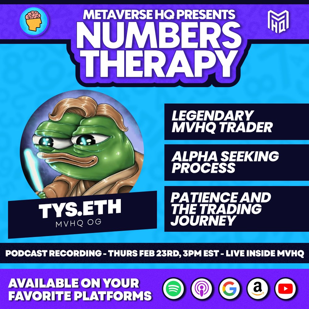 Metaverse_HQ's tweet photo. Join us for @NumbersTherapy w/ @aslokir!
Today we welcome @memeticpower, MVHQ OG!
Theyโll discuss Ty's nomadic style, trading process, and how he makes the most of his time in the market with little patience and opportunity.
Grab a coffee & tune in at 3PM ESTโ#NumbersTherapy https://t.co/Tp0uf0U3XM
