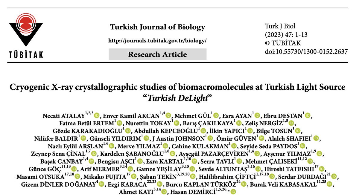 Congratulations to the TEAM! Cryogenic X-ray crystallographic studies of biomacromolecules at Turkish Light Source 'Turkish DeLight' 🇹🇷 journals.tubitak.gov.tr/biology/vol47/…  @KocSciences @kocuniversity @SBUDETUAM @DurdagiLab @bvk_lab @Ezgi_Karaca_ @bkaplanturkoz @akati34 @SevdeAltuntas