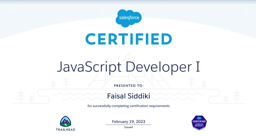 I am thrilled to share that I have successfully passed the Salesforce certification exam for #javascriptdeveloper1 

#salesforcecertification #salesforceprofessional #salesforcecommunity #salesforce #trailhead @trailhead @salesforce
