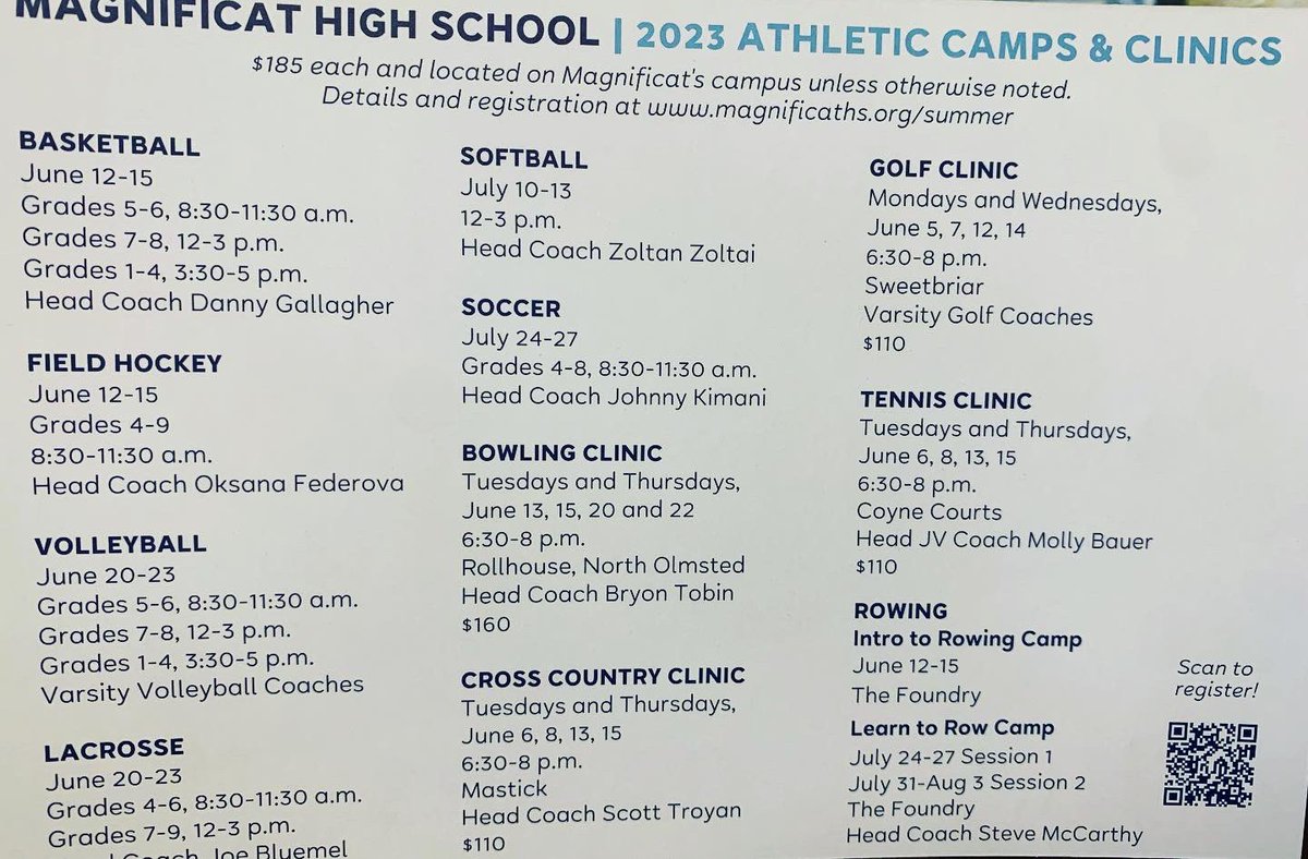 What: Mags ⚽️⚽️⚽️ camp! 
When: July 24-27th (8:30am-11:30am)
Who: 4th-8th grade student athlete 
Where: Magnificat High School 
Why: Have fun, learn, &amp; grow!
How: visit Magnificaths.org/summer or scan to register 

#fun #technical #educational #soccercamp #teamwork #youthsports