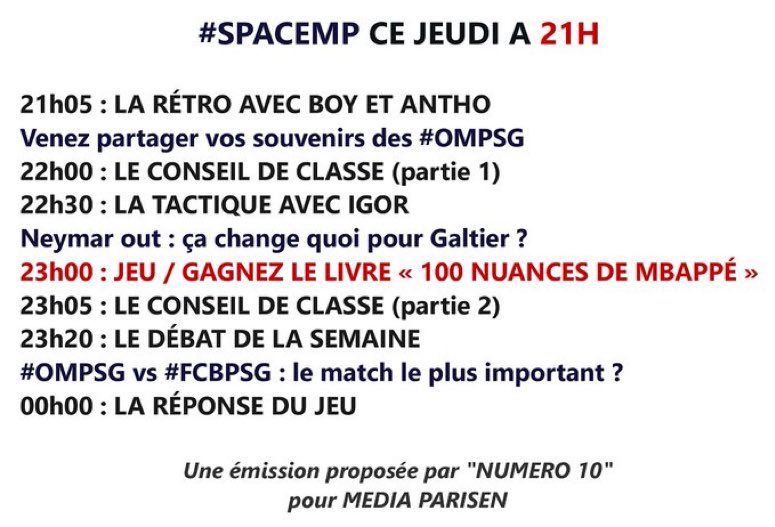 MediaParisien's tweet photo. 🚨 Retrouvez un nouveau numéro du #spaceMP ce jeudi soir à 21h ! Venez partager vos souvenirs des #OMPSG https://t.co/AbsIH6BKoL