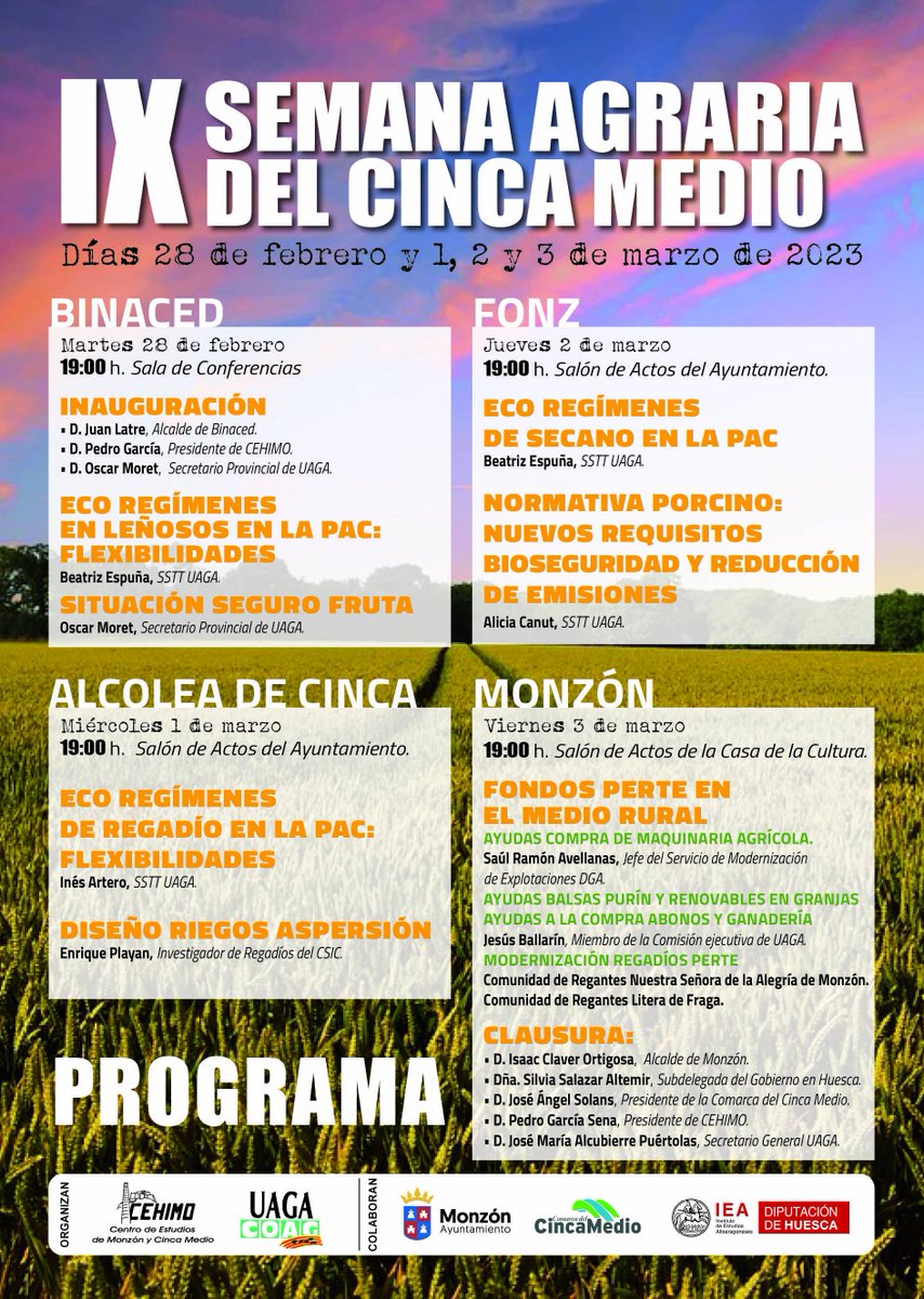 cehimo's tweet photo. IX SEMANA AGRARIA DEL CINCA MEDIO. Del 28 de febrero al 3 de marzo. #CEHIMO @UAGA_COAG @iea_huesca @AytoMonzon @CincaMedio https://t.co/5q1VUg6C8P