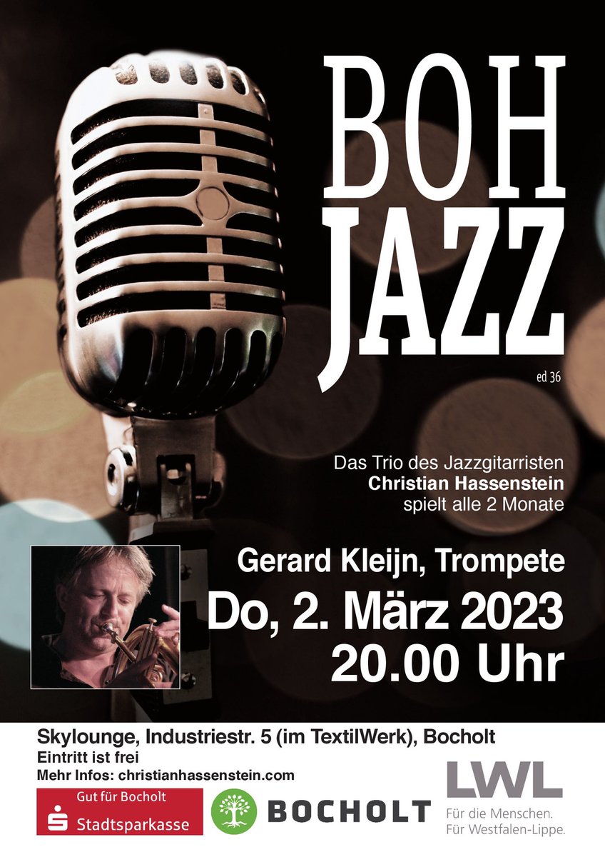 Es ist wieder soweit: BOHJazz dieses Mal Gerard Kleijn an der Trompete 🎺!
#bocholt #bohjazz #eintrittfrei