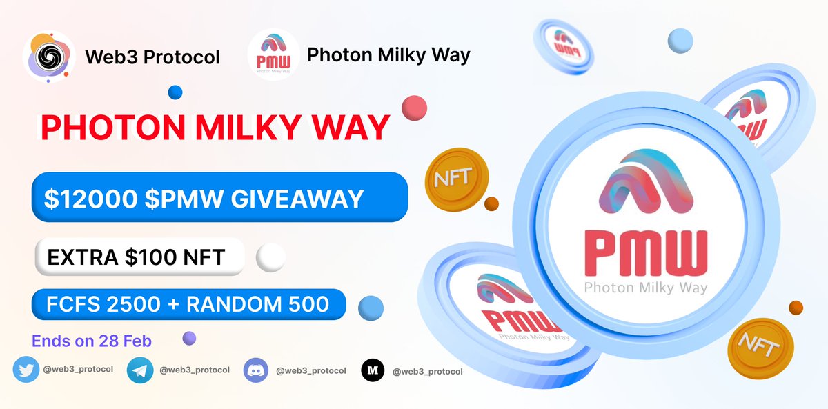 🎉Web3 Protocol X Photon Milky Way Giveaway

 🏆Prize Pool: 25000 $PMW (FCFS) 

To Enter:- 

✔️Follow <a href="/Web3_Protocol/">Web3 Protocol</a> &amp; <a href="/PhotonMilkyway/">Photon Milky Way</a>
✔️Like and RT 3 friends
✔️ Fill form: giv.gg/photonmilky

#Airdrop #Giveaway #Giveaways #Airdrops #photonmilkyway