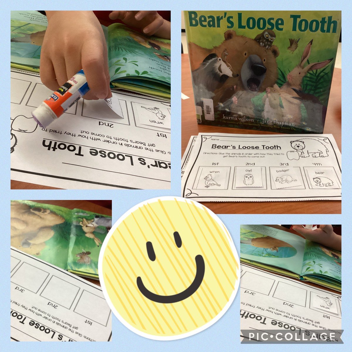 Bear's friends helped him with his loose tooth! We sequenced the events of the story this morning! #DentalHealthMonth #schoolSLP #languagetherapy @discovery_ridge