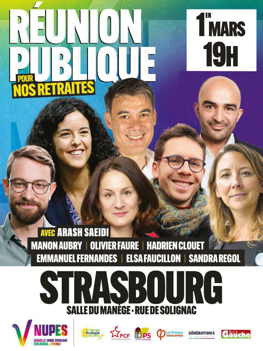 GenerationsMvt's tweet photo. On lâche rien contre la #ReformeDesRetraites ! Rendez-vous le 1er mars à 19h à Strasbourg pour un meeting unitaire avec @arashsaeidi coordinateur national de Génération.s,
@EmmanFernandes @ManonAubryFr  @ElsaFaucillon @HadrienClouet @sandraregol et @faureolivier ! https://t.co/UG2Hg58lat