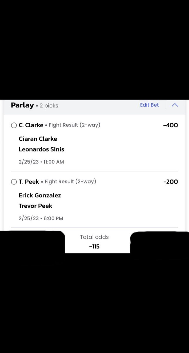 UFC Vegas 70/Bellator 291 🥊

Both promotions are putting on solid fight cards this Saturday and I’m feeling really good about these two undefeated prospects 🍀

(1u) 2 Leg Parlay -115
- C Clarke ML -400
- T Peek ML -200

#GamblingTwitter #UFCVegas70 #Bellator291 #MMA #FreePicks