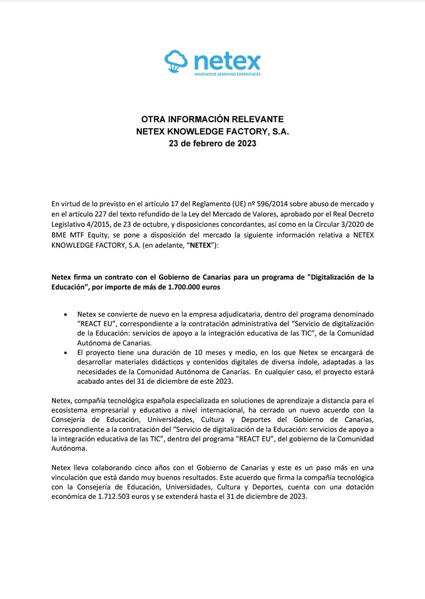 walrusbolsa's tweet photo. #Netex firma un contrato con el Gobierno de Canarias para un programa de "Digitalización de la Educación”, por importe de más de 1.700.000 euros https://t.co/Ibr46qOews