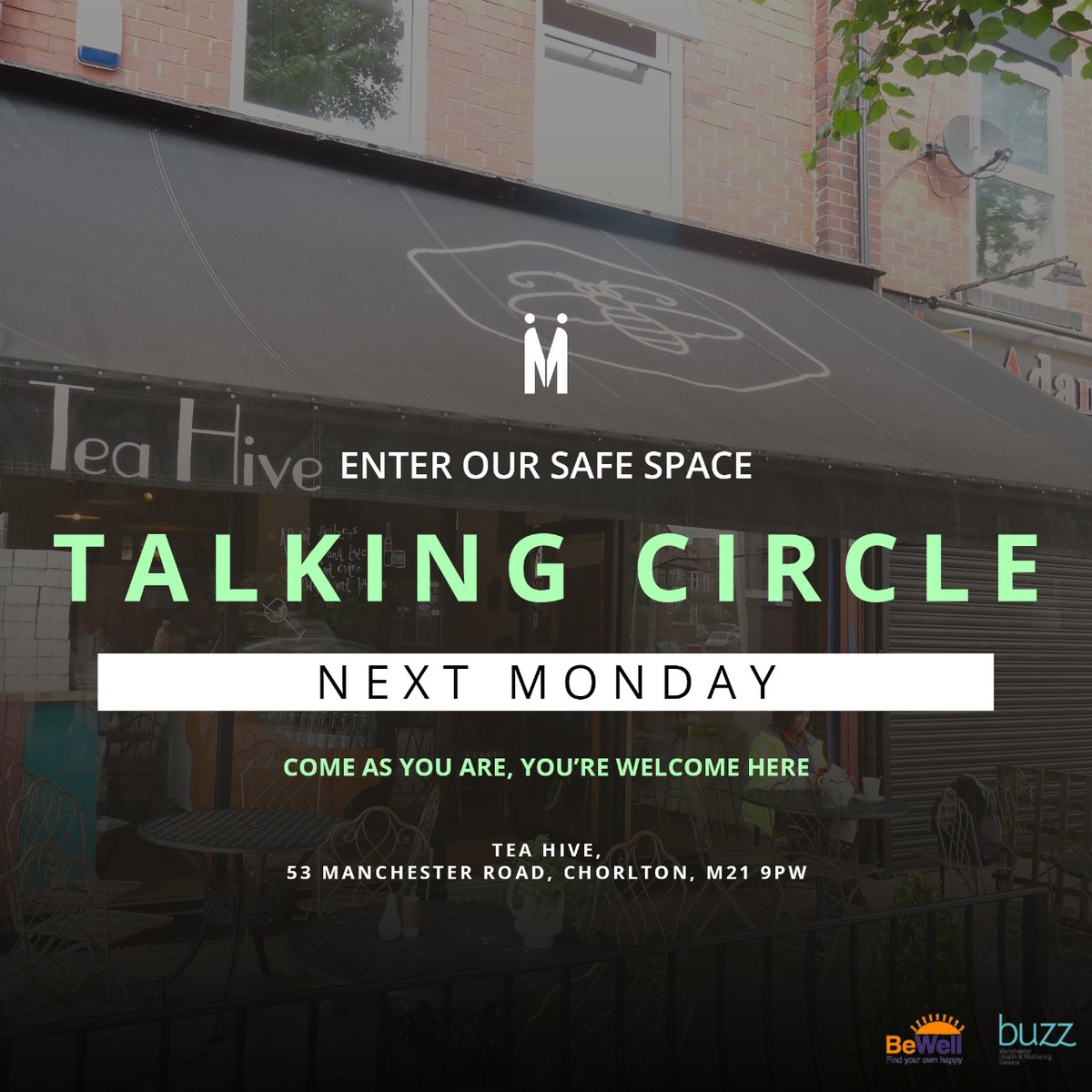 MandemMeetup's tweet photo. Come for a coffee and a chat with the mandem at Tea Hive in Chorlton. This is a safe space for you to share, listen and be present. If you don't fancy sharing, that's fine, there's no expectation.

#MandemMeetup #TalkingCircle #Chorlton #CoffeeShop #MensMentalHealth #MenCanTalk https://t.co/zfJ0JIuVBK