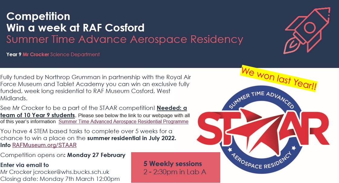 CAN WE HAVE A WINNING TEAM 2 Yrs in row?CALLING ALL WHS YR9 Students. WANTED teams of 5. To compete in the STAAR competition run by <a href="/RAFMLearning/">RAF Museum Learning</a> Speak to/email Mr Crocker for details.