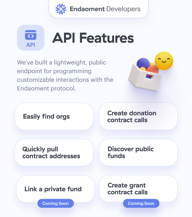 endaomentdotorg's tweet photo. Building something more bespoke?
๐คย Our public, free API endpoint lets you search all @EndaomentOrgs by EIN, keyword or NTEE code; quickly get contract addresses; discover public funds; and create donation calls with your existing infrastructure.
#EndaomentDevelopers #Dev4Good https://t.co/DL47Zna6yA