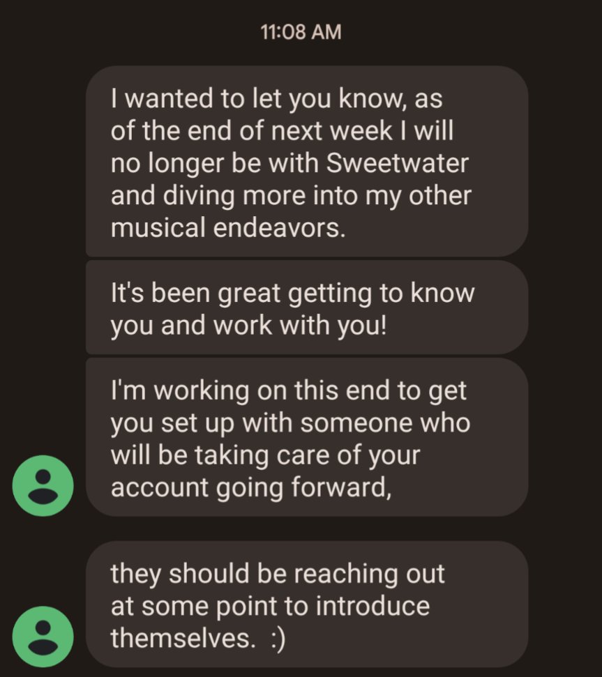 sjcrain's tweet photo. Why does it feel like a breakup when your @SweetwaterSound rep leaves 😭💔 https://t.co/HOGqbefrEL