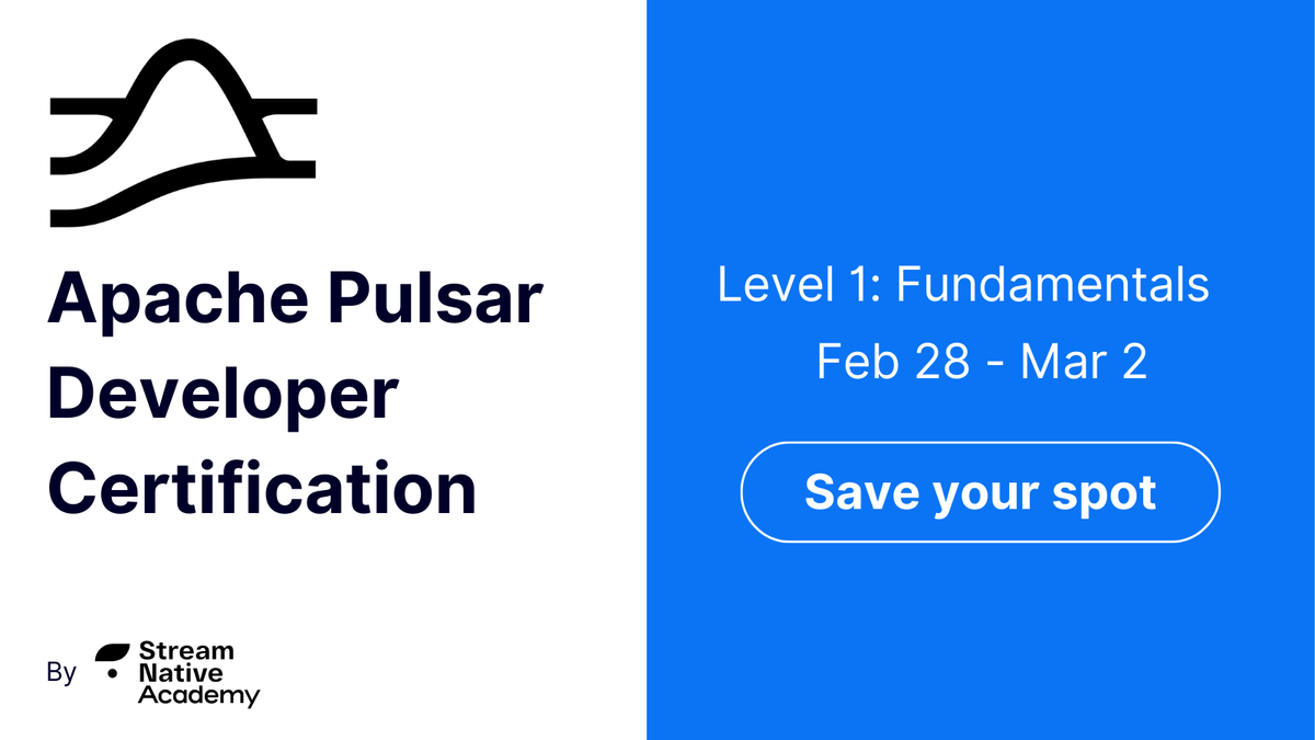 streamnativeio's tweet image. Join us Feb. 28 - Mar. 2 for our new #ApachePulsar developer certification course! Our Level 1 certification includes lessons with quizzes + a coding exam to demonstrate a mastery of Pulsar fundamentals. hubs.ly/Q01DfVKQ0
#developer #dataarchitect
