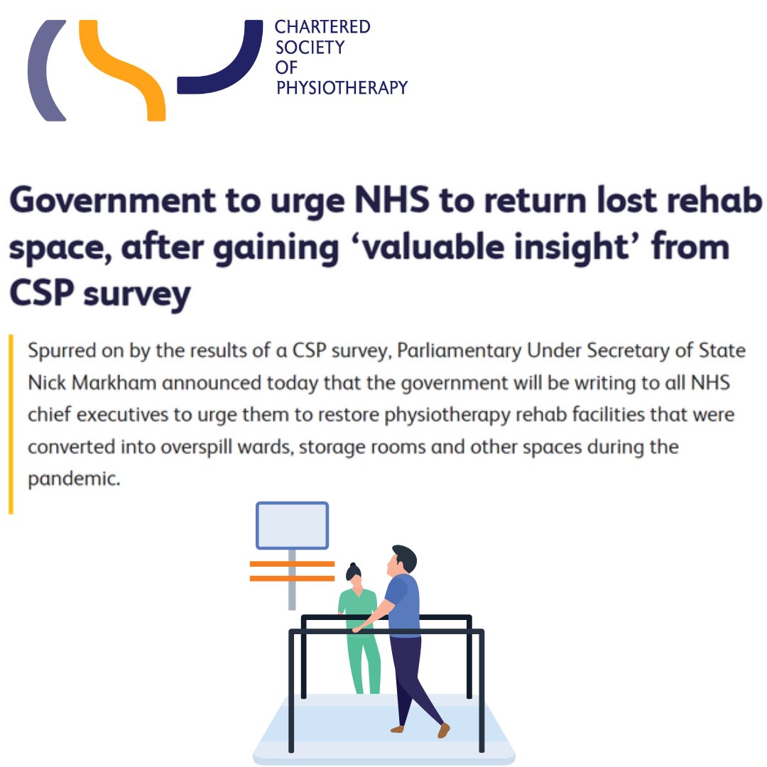 GOOD NEWS! 🗣The CSP has been raising awareness of the failure to reopen essential rehab spaces since the pandemic. ✍️The government will be writing to all NHS chief executives, urging them to restore physio rehab facilities. 👏A great result for the profession. #RightToRehab