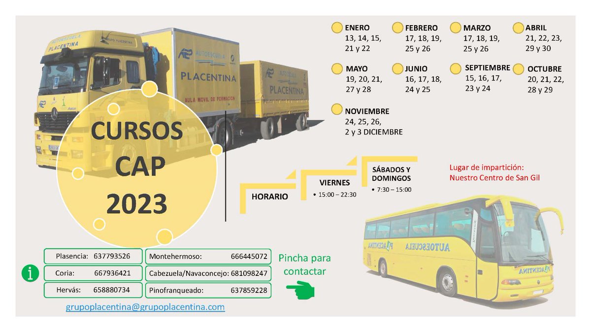 Buenas tardes!!Aquí tenéis información que nos hace llegar nuestro Patrocinador Oficial Autoescuela Placentina, sobre el lugar, los días y horarios donde podéis realizar los cursos CAP 2023, así como los teléfonos y correo electrónico para responder a cualquier duda que tengais.