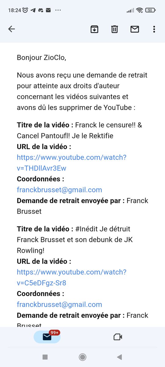 zio_clo's tweet photo. Bonjour à toute la commune @franckbrusset me signal de nouveau une vidéo alors qu'il y a quelque seconde... 2 atteinte au droit d'auteur . Je suis obligé de mettre les autres en priv��. Je ne laisserai pas passer. @TeamYouTube @Psyhodelikus @vousavezledroit https://t.co/3dZVPqjiuM