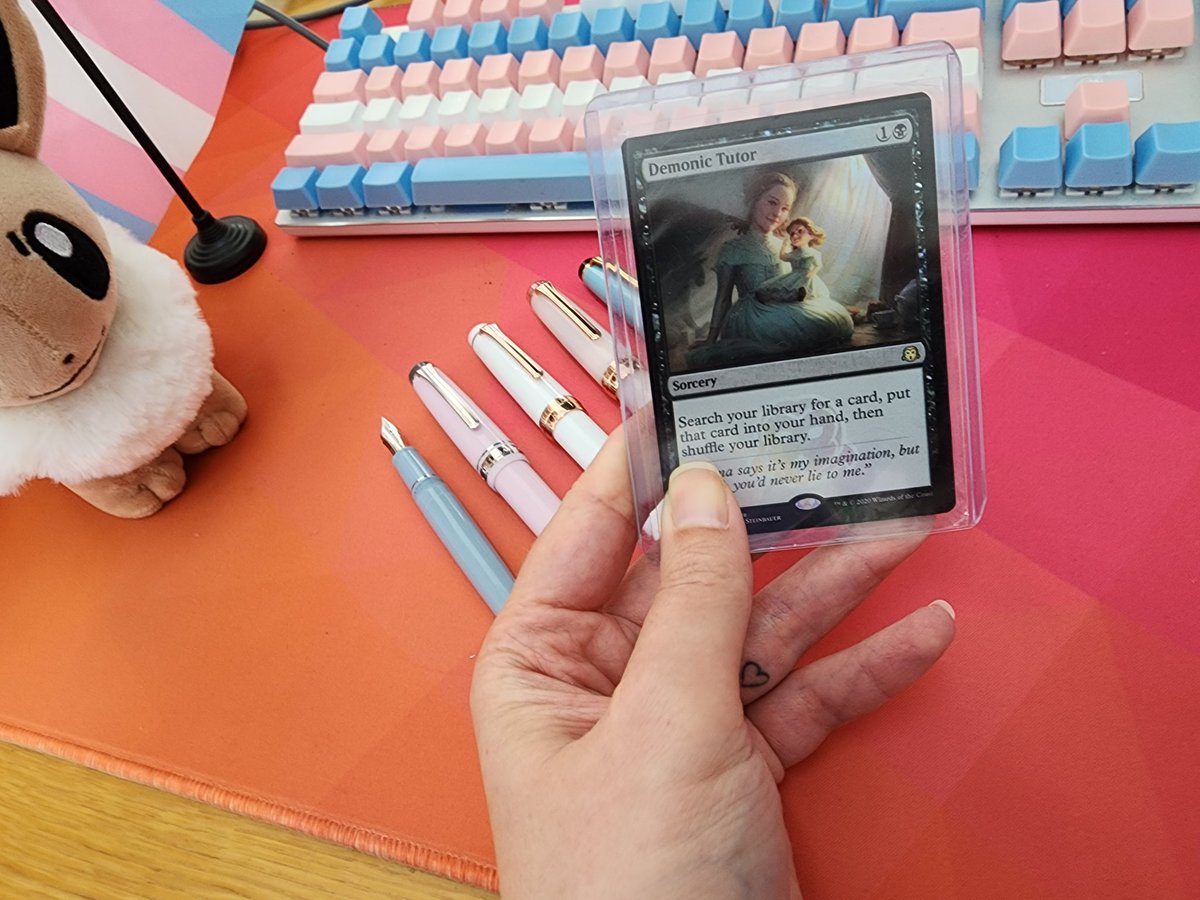 Search your library for *any* card you want, at the lowlow price of 2 mana &amp; donation to a worthy cause - I'm throwing a 2020 Judge Foil Demonic Tutor into the prize pool to for the <a href="/TolarianCollege/">Tolarian Community College</a> and <a href="/TCCGiftsGiven/">TCCGiftsGiven</a> Trans Lifeline fundraiser 💙💖🤍💖💙
give.translifeline.org/campaign/tolar…