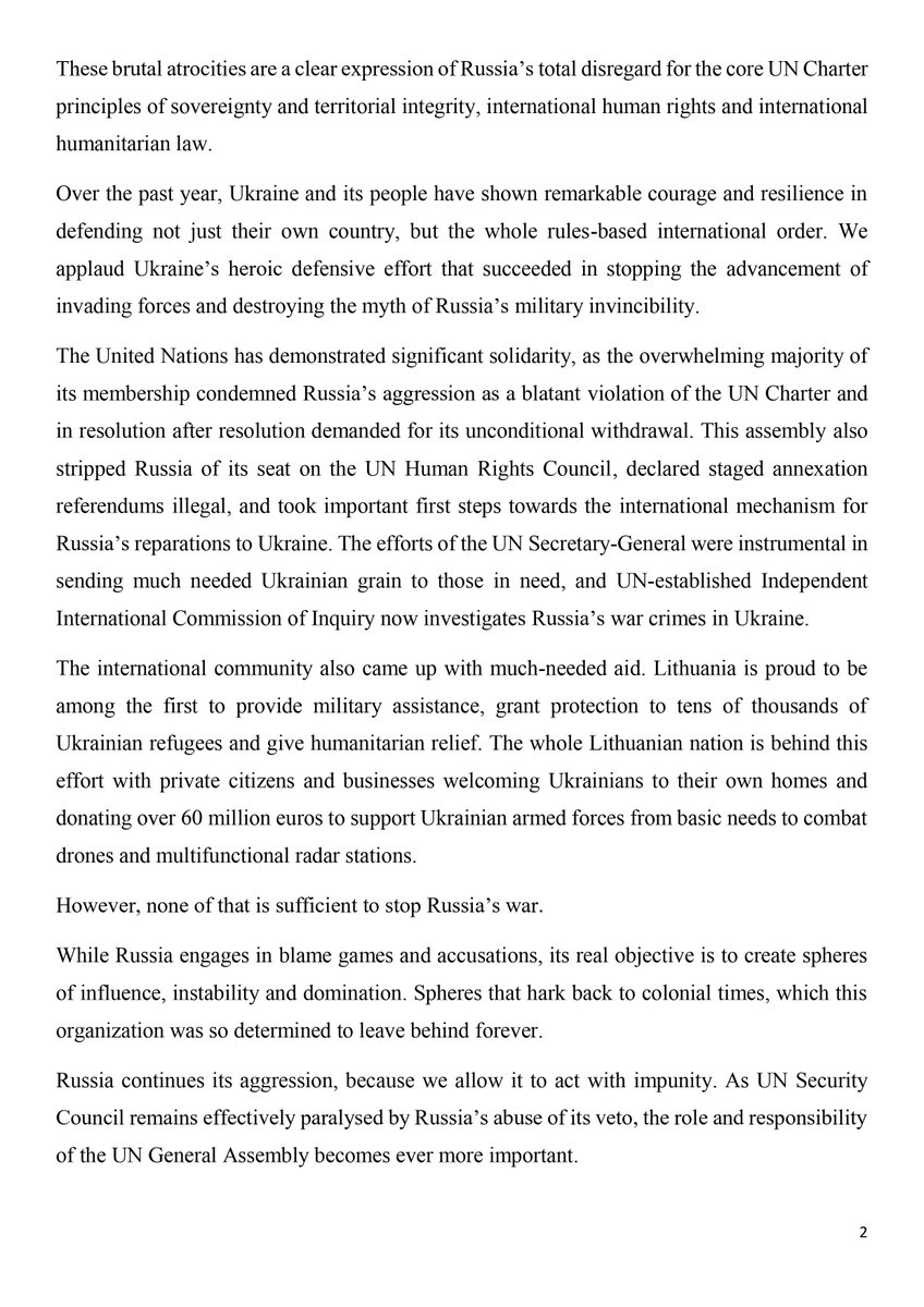 LithuaniaUNNY's tweet image. 2/2🧵
🔹#Russia paralyzes #UNSC abusing its #vetopower➡️@UN General Assembly continues to show #solidarity in condemning #Russia(No🇷🇺in @UN_HRC since April!)
  🔹we must ensure that 🇷🇺assets are used for compensation➡️#Aggressor must pay
🔹Full #accountability of perpetrators!
